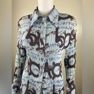 Vintage sheer printed all over print long sleeve collard bratz y2k blue L